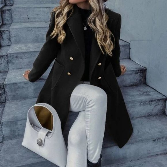 MODA ME COUTURE Jackets & Blazers - Black Double Breasted Lapel Collar Button Up pocketed Overcoat